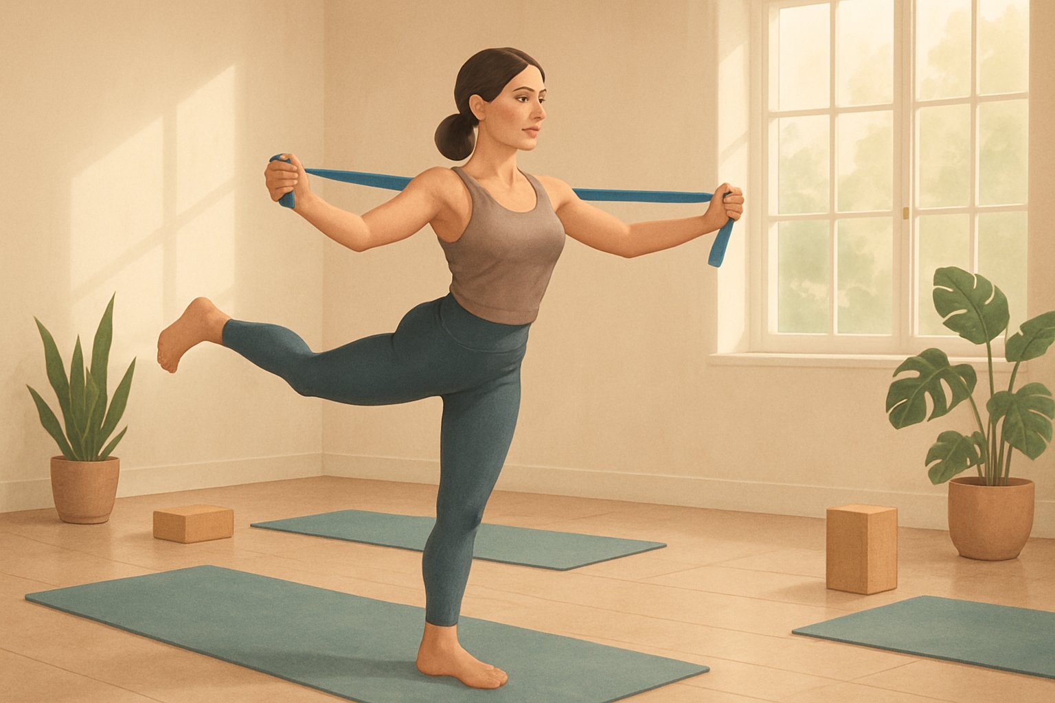 A woman in a yoga studio using a resistance band while holding a balanced yoga pose.