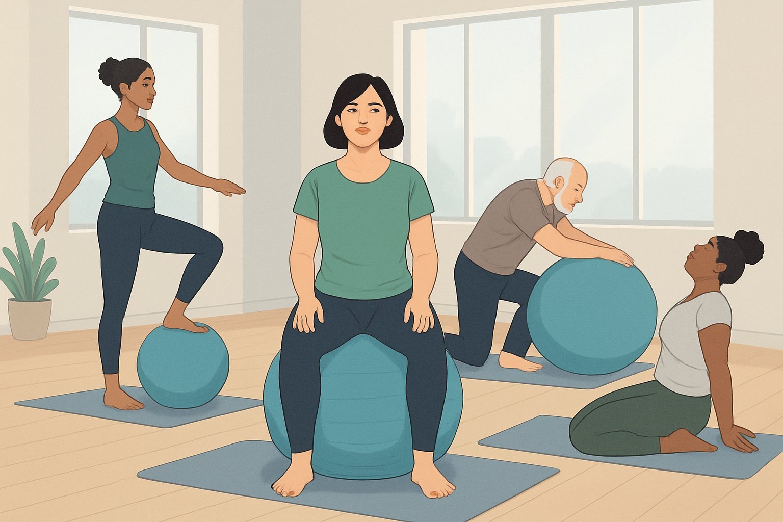 A group of people in a bright fitness studio using a large yoga ball to perform various basic exercises.