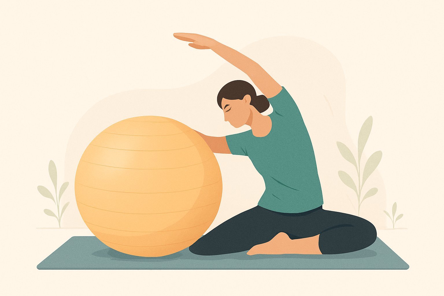 A person using a large yoga ball for stretching exercises in a calm, minimal room with a yoga mat and plants nearby.